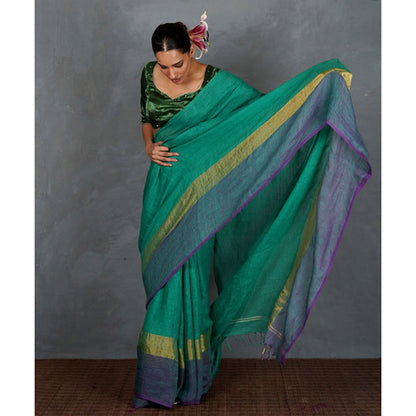 Chidiyaa Shimmer On Green Handwoven Linen Saree with Unstitched Blouse - Tara