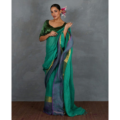 Chidiyaa Shimmer On Green Handwoven Linen Saree with Unstitched Blouse - Tara