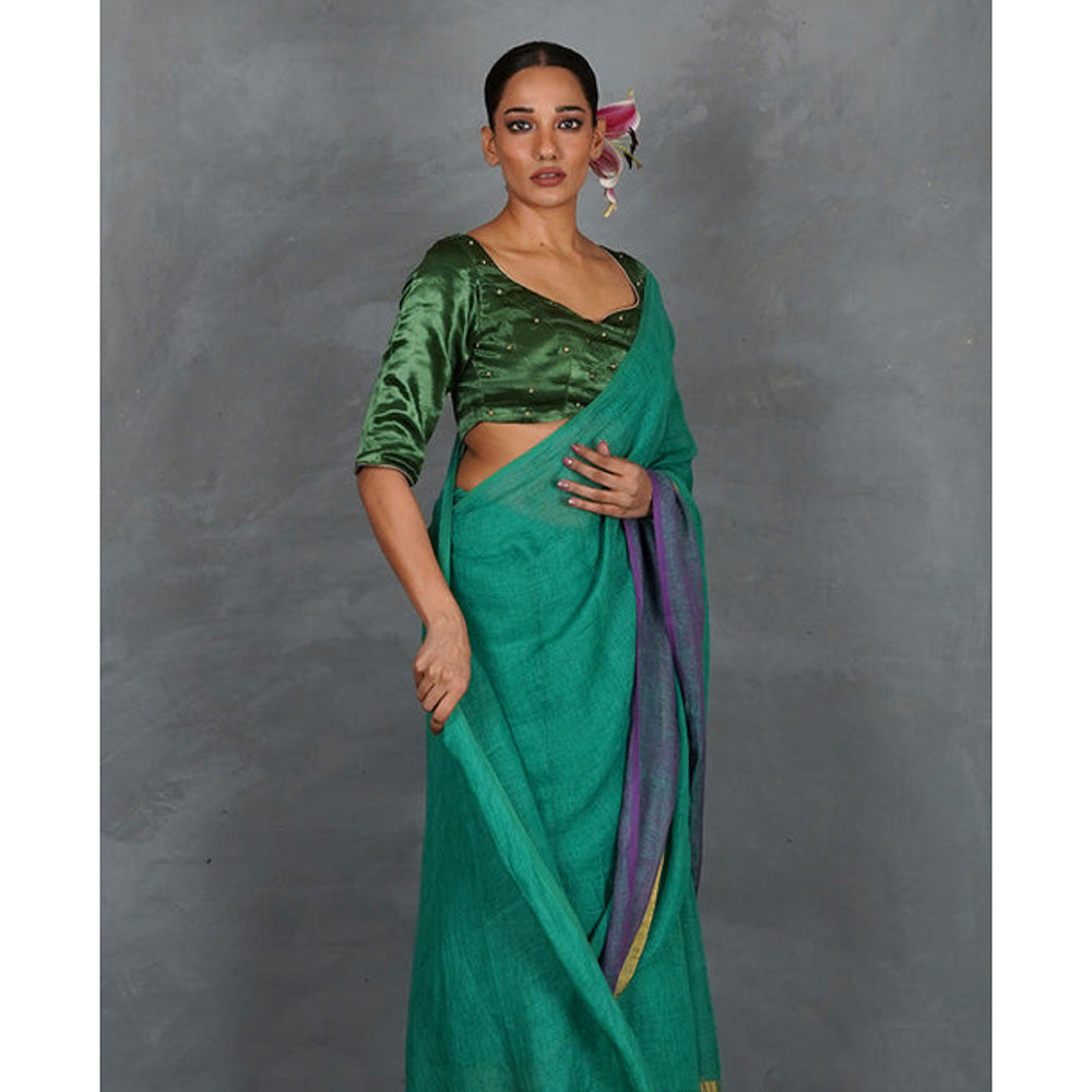 Chidiyaa Shimmer On Green Handwoven Linen Saree with Unstitched Blouse - Tara