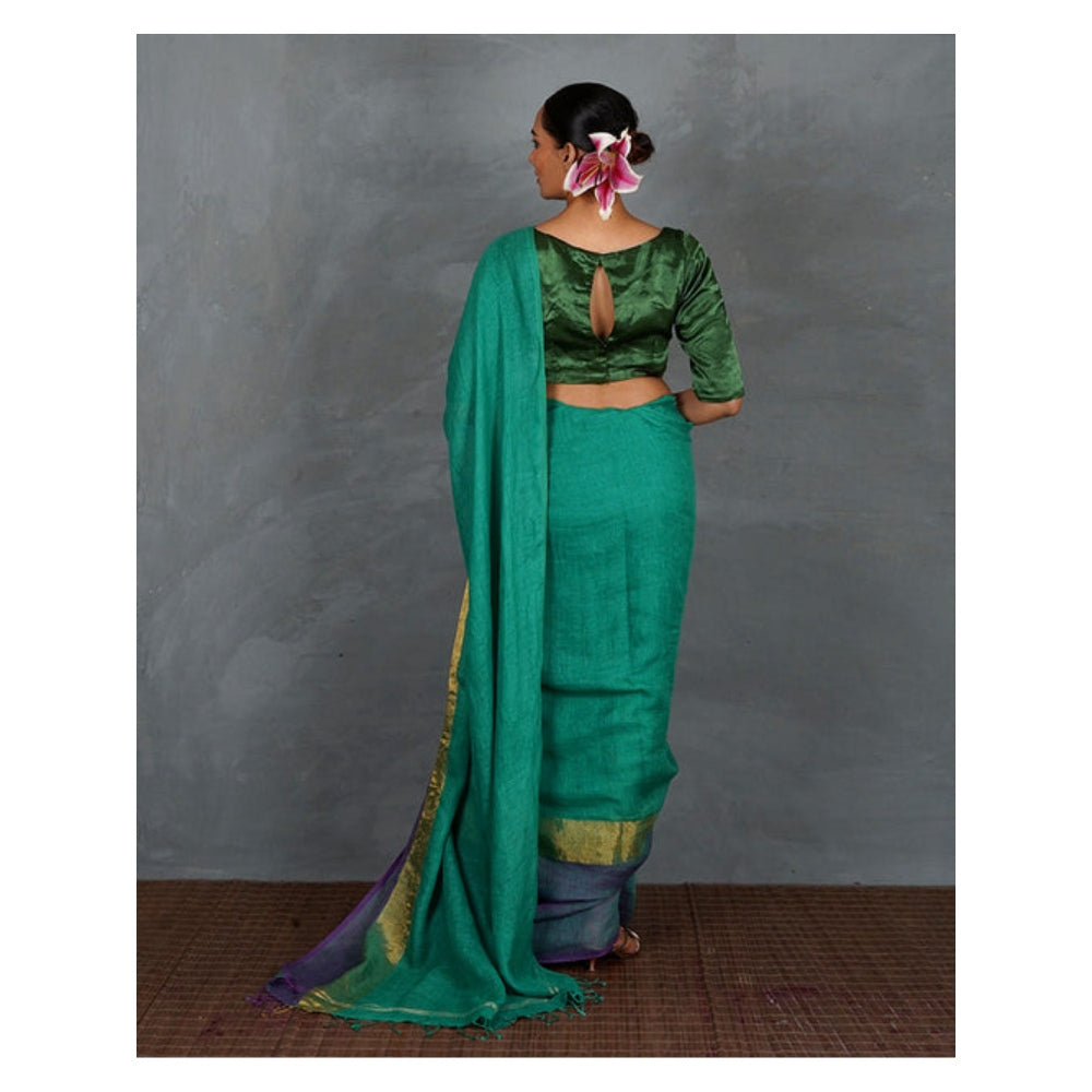 Chidiyaa Shimmer On Green Handwoven Linen Saree with Unstitched Blouse - Tara