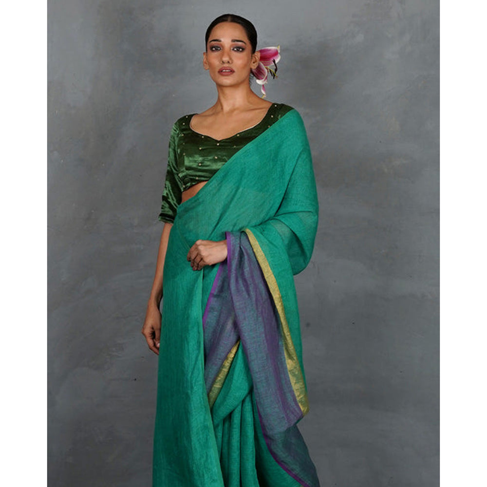 Chidiyaa Shimmer On Green Handwoven Linen Saree with Unstitched Blouse - Tara