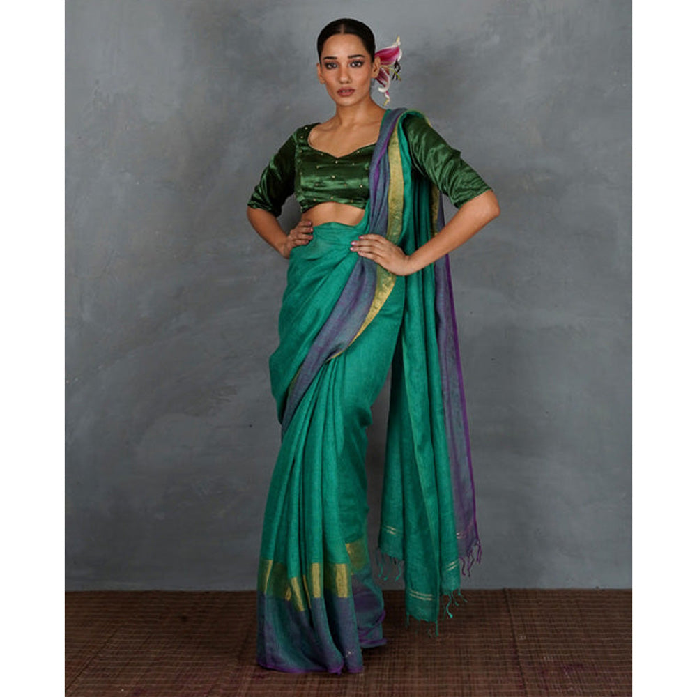 Chidiyaa Shimmer On Green Handwoven Linen Saree with Unstitched Blouse - Tara