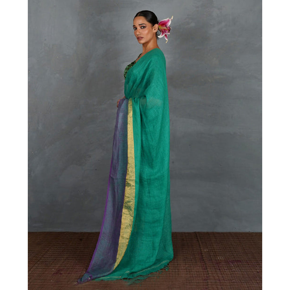 Chidiyaa Shimmer On Green Handwoven Linen Saree with Unstitched Blouse - Tara