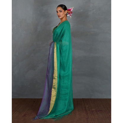Chidiyaa Shimmer On Green Handwoven Linen Saree with Unstitched Blouse - Tara