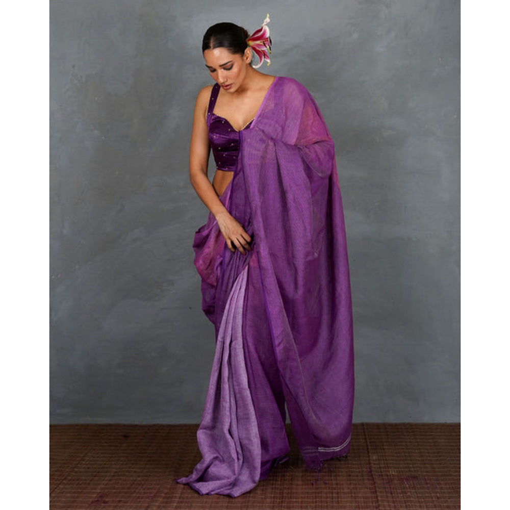 Chidiyaa Embrace Glow Purple Handwoven Linen Saree with Unstitched Blouse - Tara