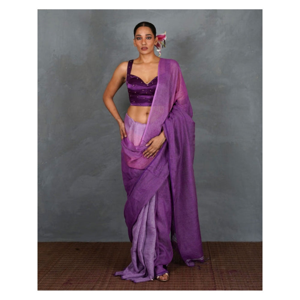 Chidiyaa Embrace Glow Purple Handwoven Linen Saree with Unstitched Blouse - Tara