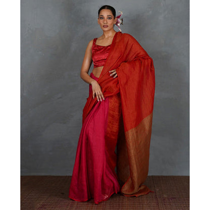 Chidiyaa Glow On Red Handwoven Linen Saree with Unstitched Blouse - Tara