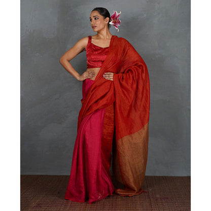 Chidiyaa Glow On Red Handwoven Linen Saree with Unstitched Blouse - Tara