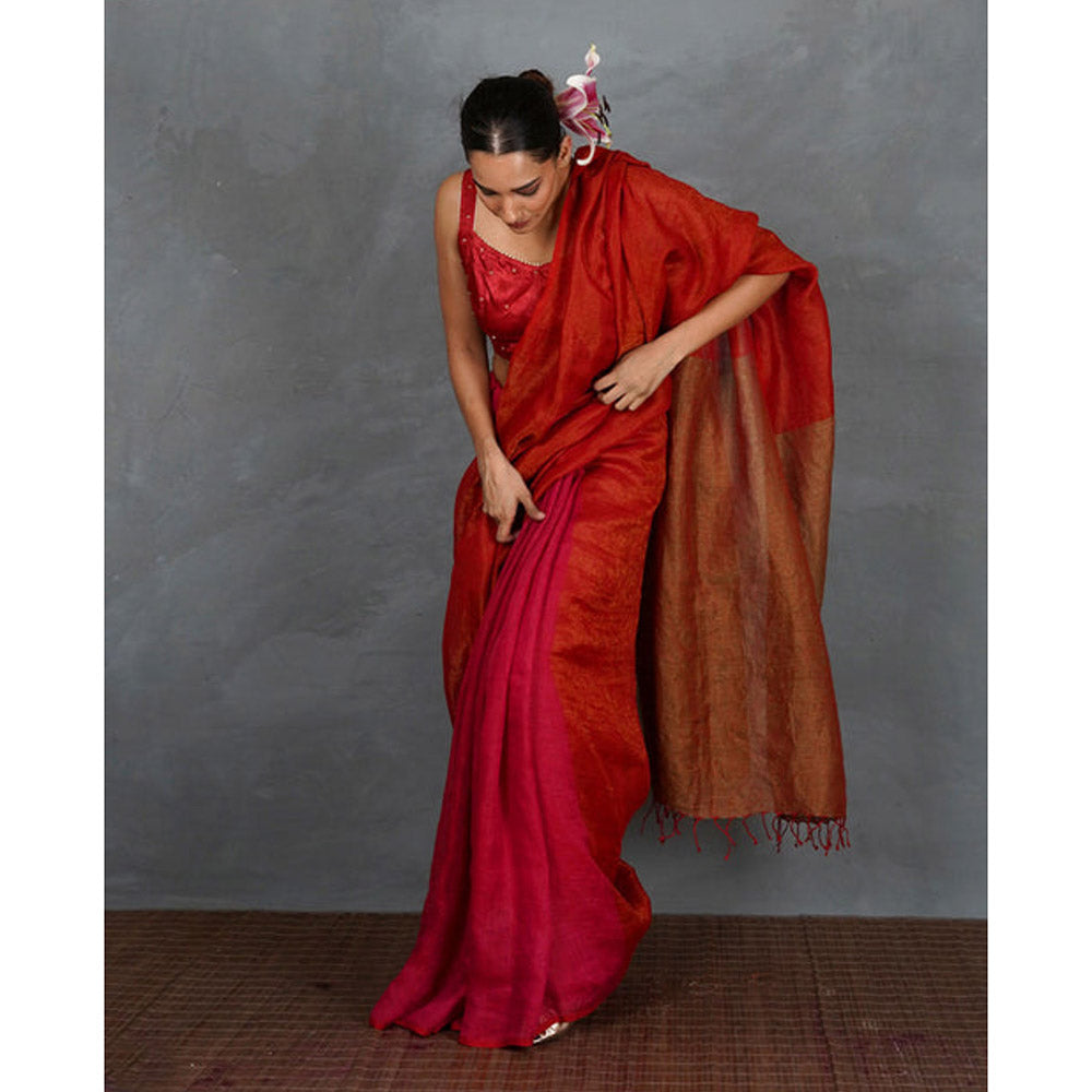 Chidiyaa Glow On Red Handwoven Linen Saree with Unstitched Blouse - Tara