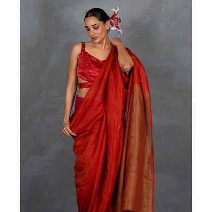 Chidiyaa Glow On Red Handwoven Linen Saree with Unstitched Blouse - Tara