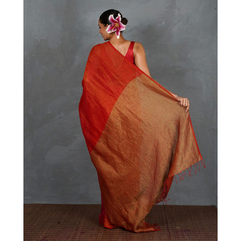 Chidiyaa Glow On Red Handwoven Linen Saree with Unstitched Blouse - Tara