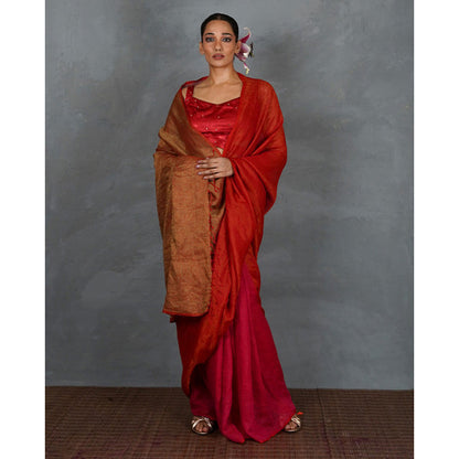 Chidiyaa Glow On Red Handwoven Linen Saree with Unstitched Blouse - Tara
