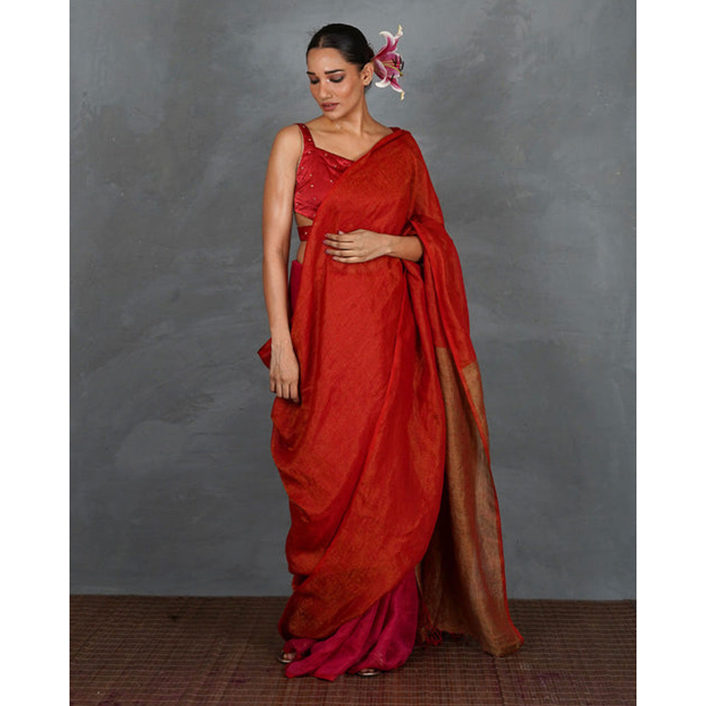 Chidiyaa Glow On Red Handwoven Linen Saree with Unstitched Blouse - Tara