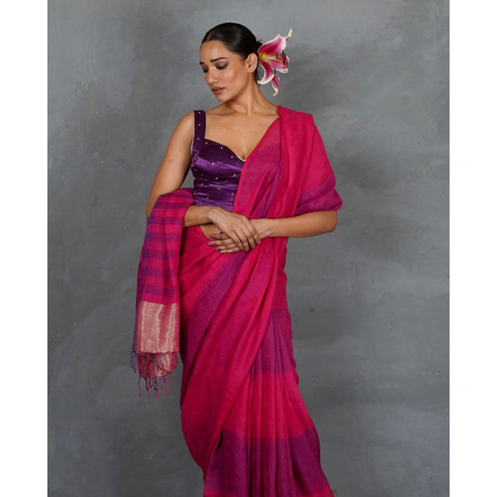 Chidiyaa Samira Magenta Handwoven Linen Saree with Unstitched Blouse - Tara