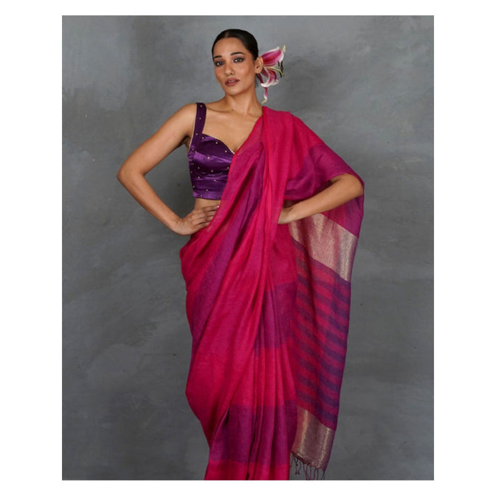 Chidiyaa Samira Magenta Handwoven Linen Saree with Unstitched Blouse - Tara