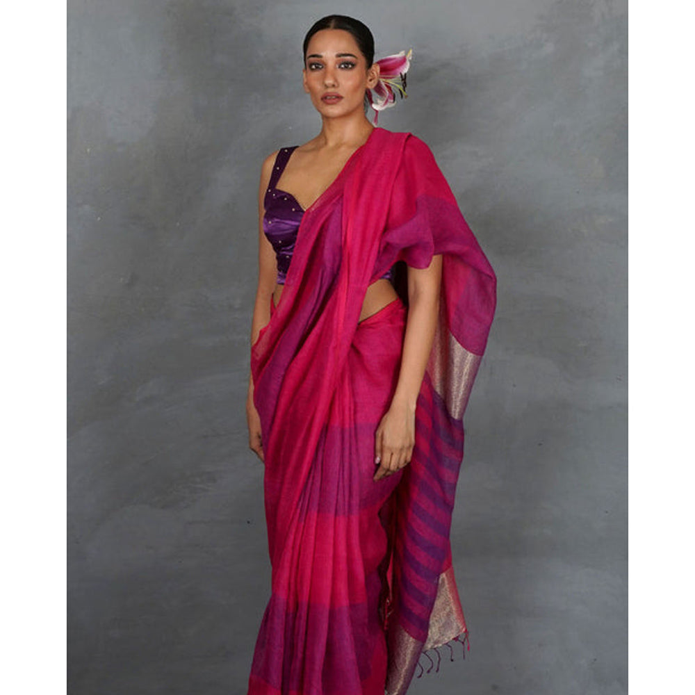 Chidiyaa Samira Magenta Handwoven Linen Saree with Unstitched Blouse - Tara