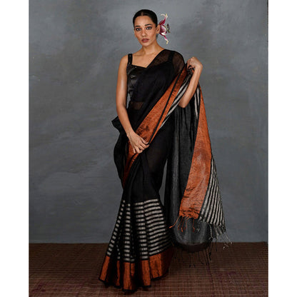 Chidiyaa Follow Dawn Black Handwoven Linen Saree with Unstitched Blouse - Tara