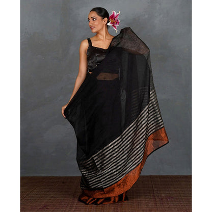 Chidiyaa Follow Dawn Black Handwoven Linen Saree with Unstitched Blouse - Tara