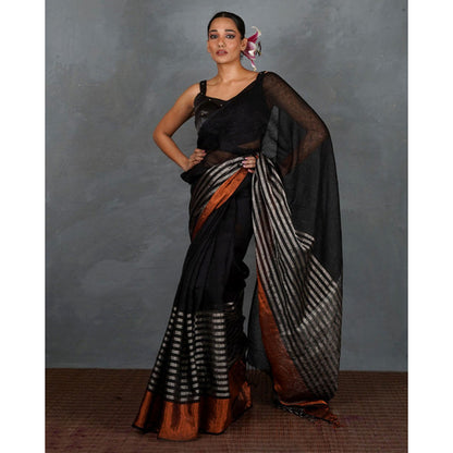 Chidiyaa Follow Dawn Black Handwoven Linen Saree with Unstitched Blouse - Tara
