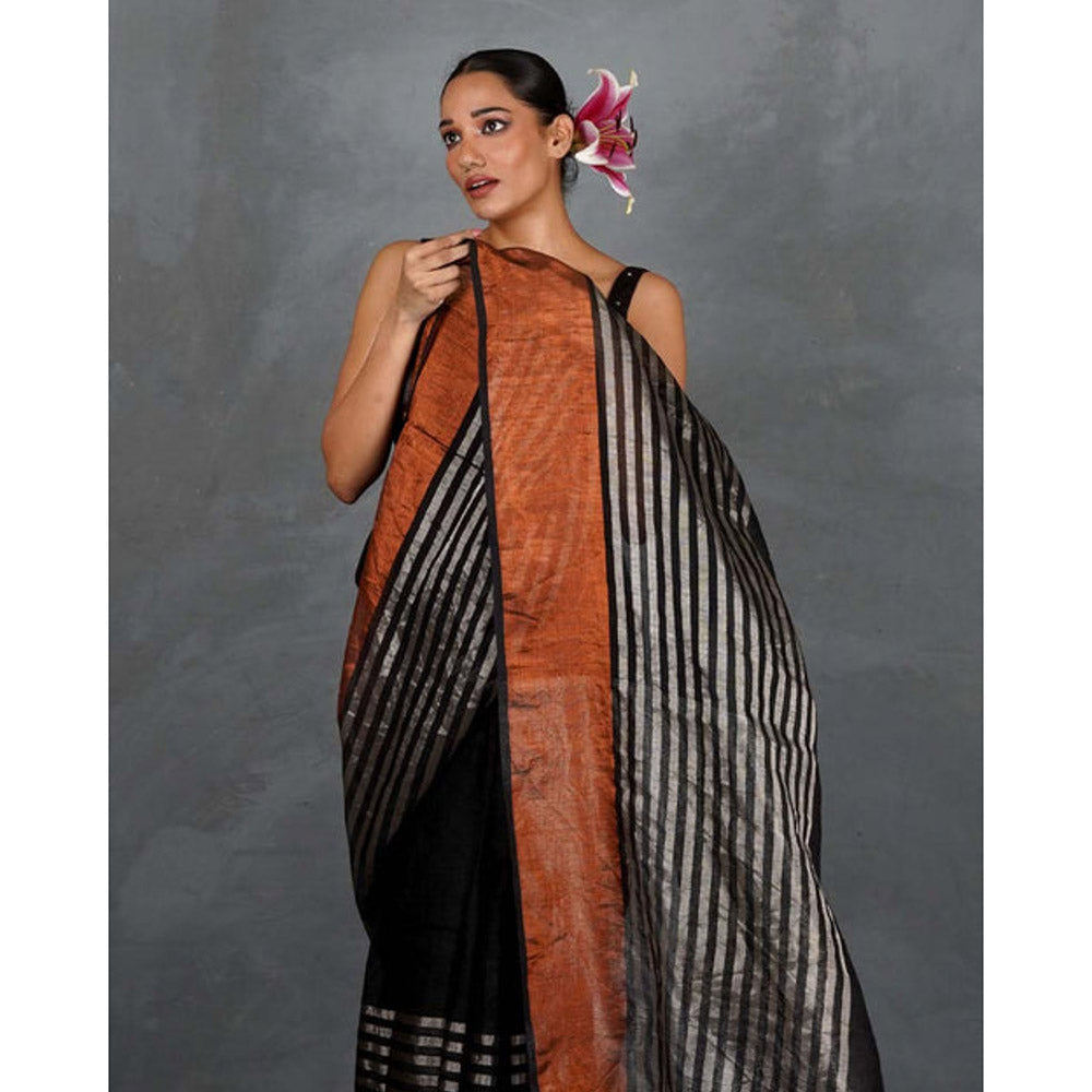 Chidiyaa Follow Dawn Black Handwoven Linen Saree with Unstitched Blouse - Tara