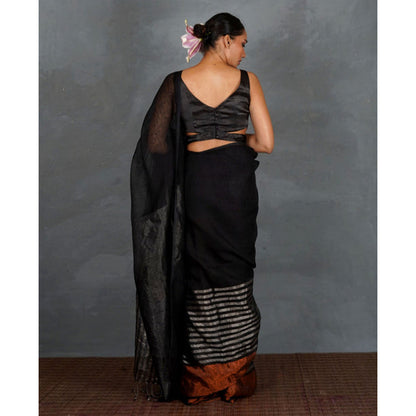Chidiyaa Follow Dawn Black Handwoven Linen Saree with Unstitched Blouse - Tara
