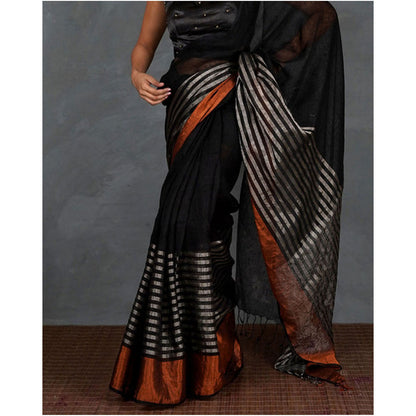 Chidiyaa Follow Dawn Black Handwoven Linen Saree with Unstitched Blouse - Tara