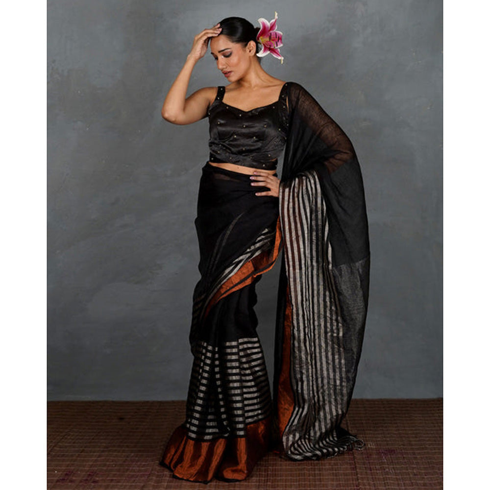 Chidiyaa Follow Dawn Black Handwoven Linen Saree with Unstitched Blouse - Tara