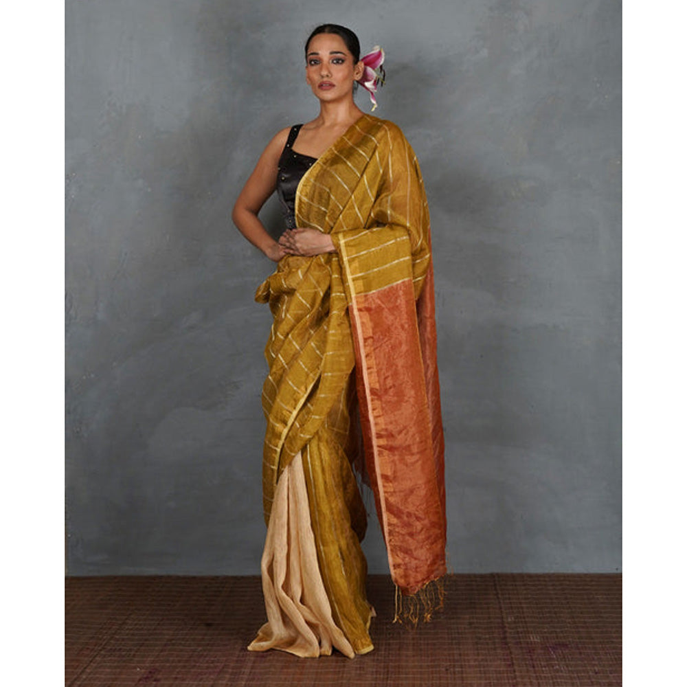 Chidiyaa Mustard Gold Handwoven Linen Saree with Unstitched Blouse