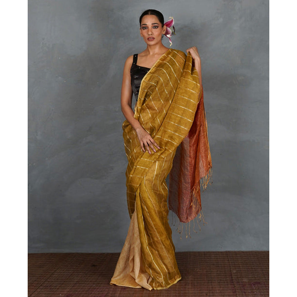 Chidiyaa Mustard Gold Handwoven Linen Saree with Unstitched Blouse
