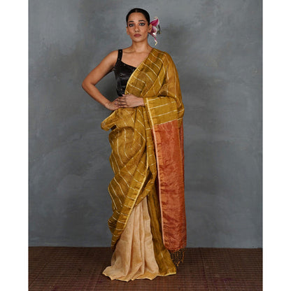 Chidiyaa Mustard Gold Handwoven Linen Saree with Unstitched Blouse