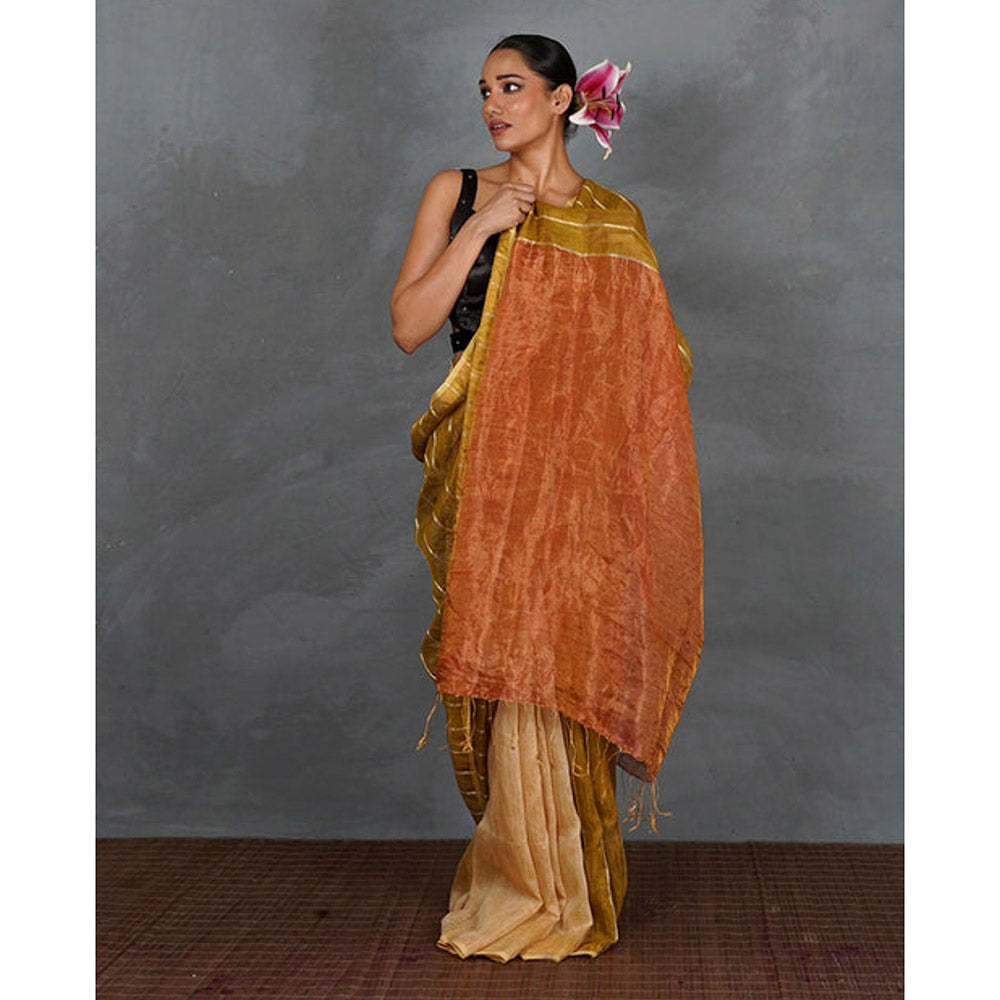 Chidiyaa Mustard Gold Handwoven Linen Saree with Unstitched Blouse