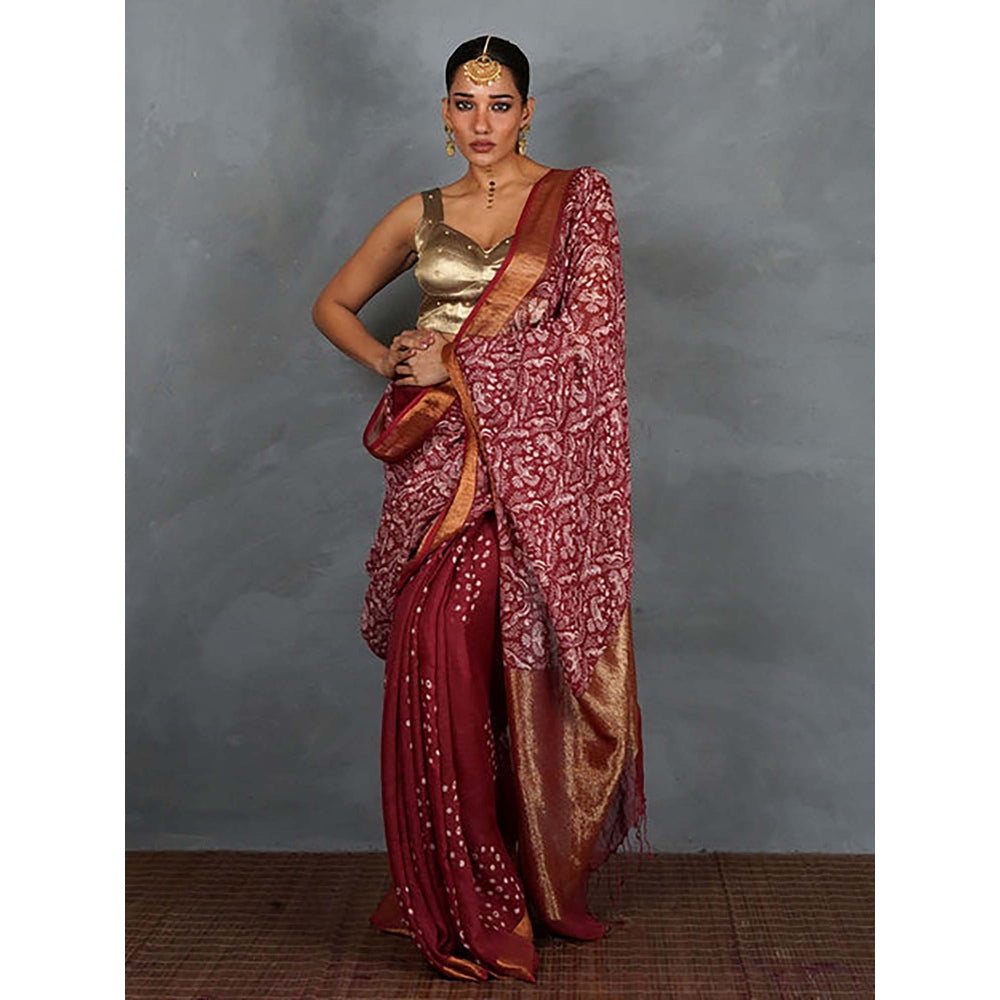 Chidiyaa Urvi Maroon Handblock Linen Saree with Unstitched Blouse