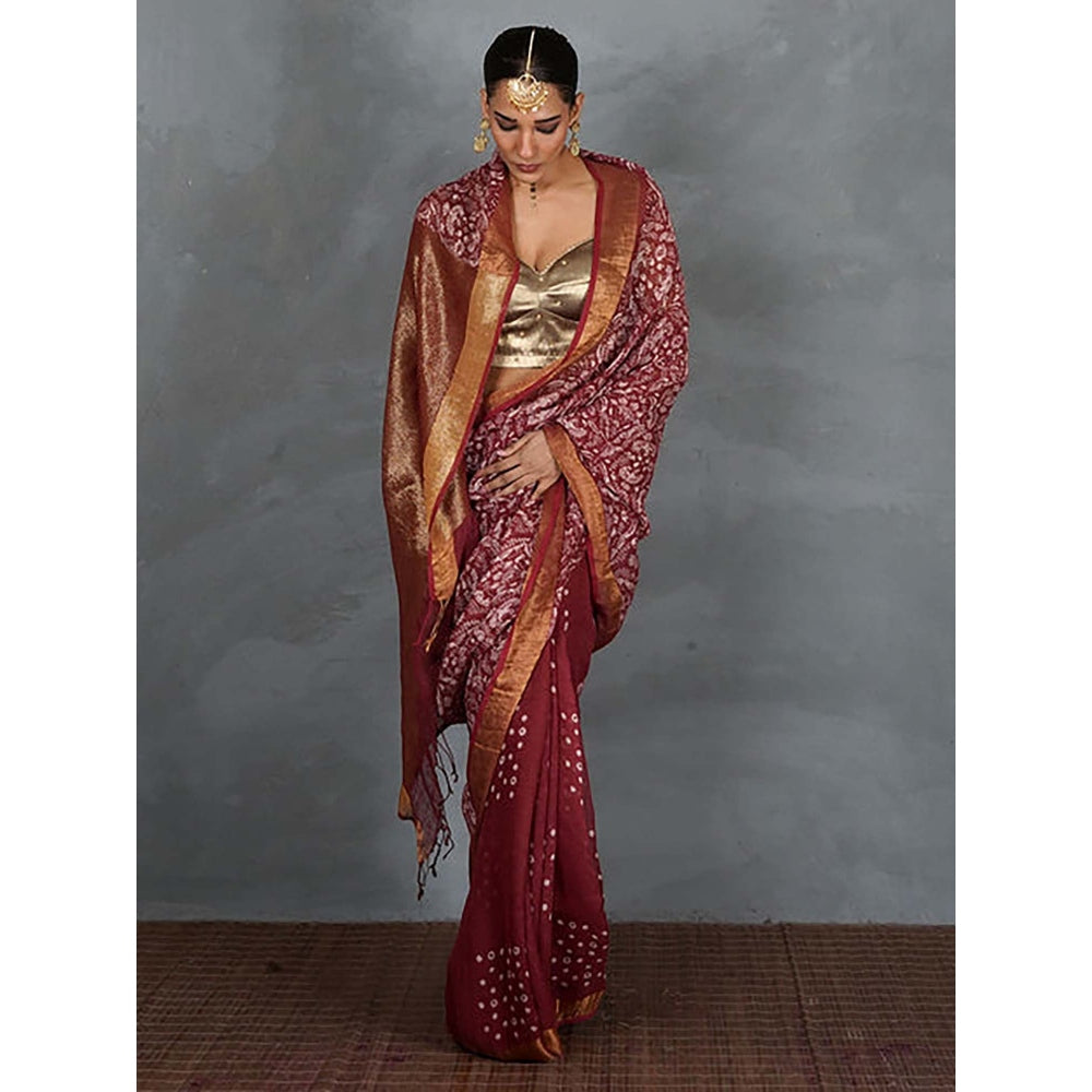 Chidiyaa Urvi Maroon Handblock Linen Saree with Unstitched Blouse
