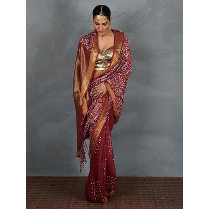 Chidiyaa Urvi Maroon Handblock Linen Saree with Unstitched Blouse