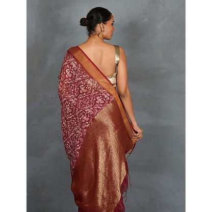 Chidiyaa Urvi Maroon Handblock Linen Saree with Unstitched Blouse