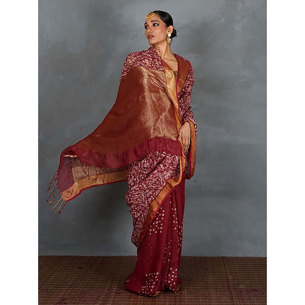 Chidiyaa Urvi Maroon Handblock Linen Saree with Unstitched Blouse