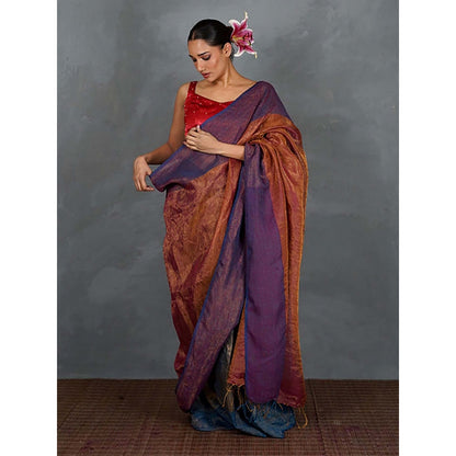Chidiyaa Chase Light Violet and Rust Handwoven Linen Saree with Unstitched Blouse