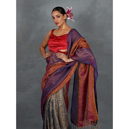 Chidiyaa Chase Light Violet and Rust Handwoven Linen Saree with Unstitched Blouse