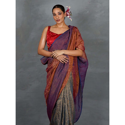 Chidiyaa Chase Light Violet and Rust Handwoven Linen Saree with Unstitched Blouse