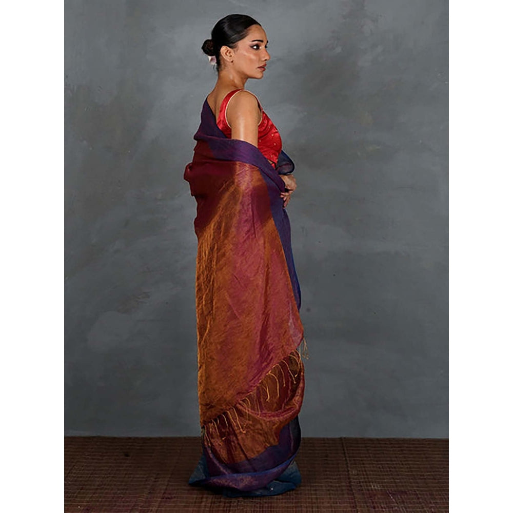 Chidiyaa Chase Light Violet and Rust Handwoven Linen Saree with Unstitched Blouse