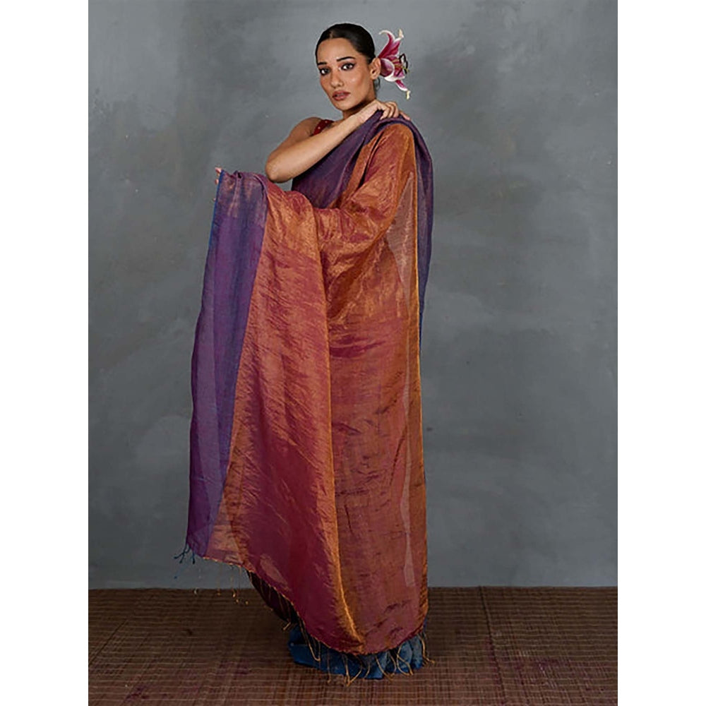 Chidiyaa Chase Light Violet and Rust Handwoven Linen Saree with Unstitched Blouse