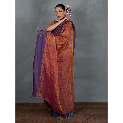 Chidiyaa Chase Light Violet and Rust Handwoven Linen Saree with Unstitched Blouse
