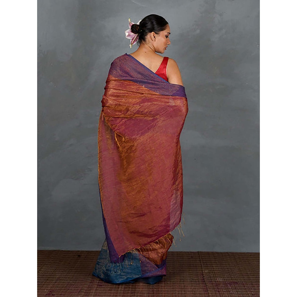 Chidiyaa Chase Light Violet and Rust Handwoven Linen Saree with Unstitched Blouse