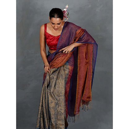 Chidiyaa Chase Light Violet and Rust Handwoven Linen Saree with Unstitched Blouse