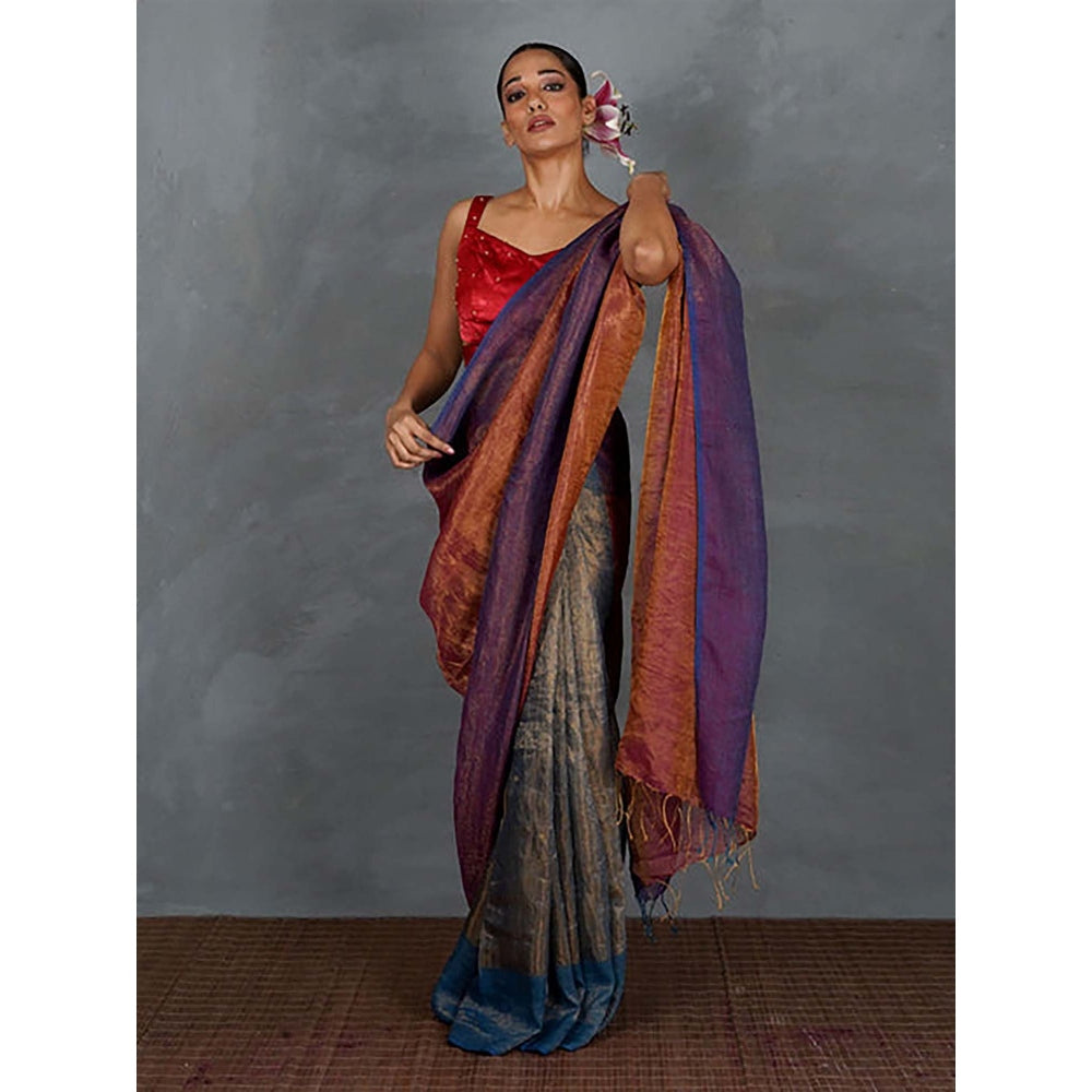 Chidiyaa Chase Light Violet and Rust Handwoven Linen Saree with Unstitched Blouse