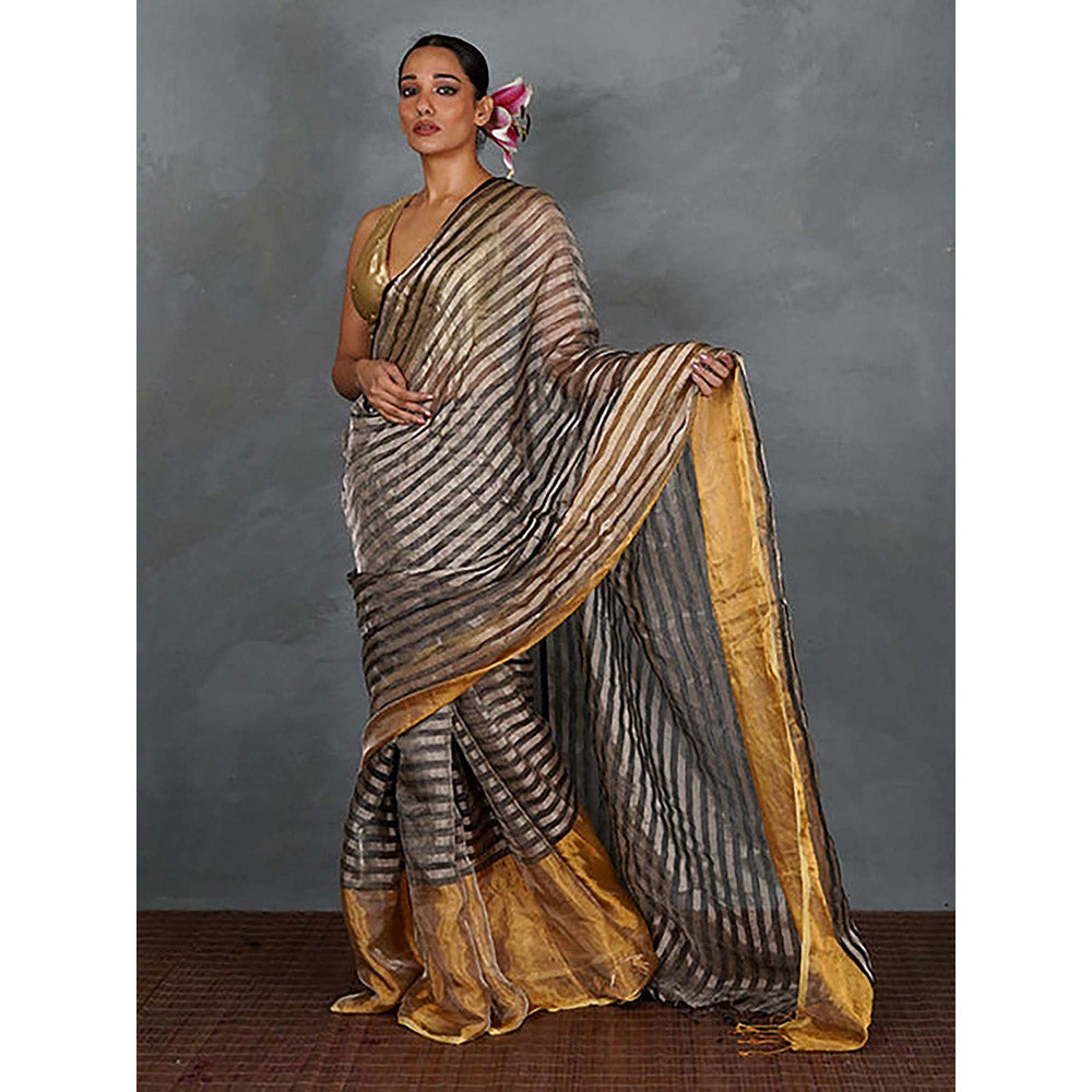 Chidiyaa Burn Soft Handwoven Linen Saree with Unstitched Blouse