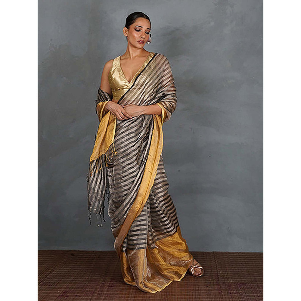 Chidiyaa Burn Soft Handwoven Linen Saree with Unstitched Blouse