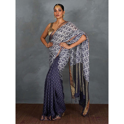 Chidiyaa Prabha Blue with White Handblock Linen Saree with Unstitched Blouse