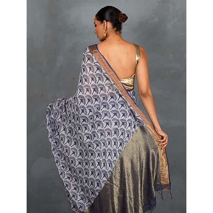 Chidiyaa Prabha Blue with White Handblock Linen Saree with Unstitched Blouse