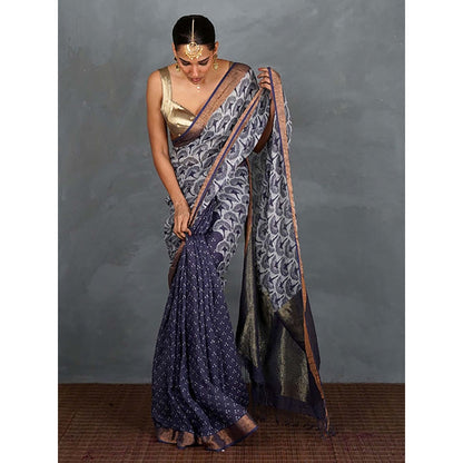 Chidiyaa Prabha Blue with White Handblock Linen Saree with Unstitched Blouse
